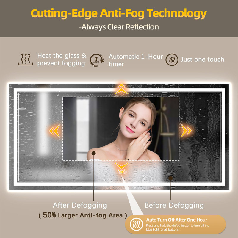 High brightness intelligent defog dimmable memory function LED bathroom mirror easy to install, 72.1" x 39.8"