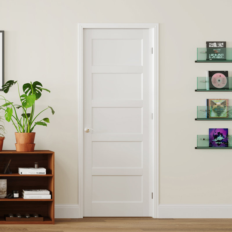 Porte intérieure française pré-montée double à 5 panneaux de style moderne, cadre ajustable, bois massif et bois manufacturé blanc avec cadre et poignée (ensemble de 2)