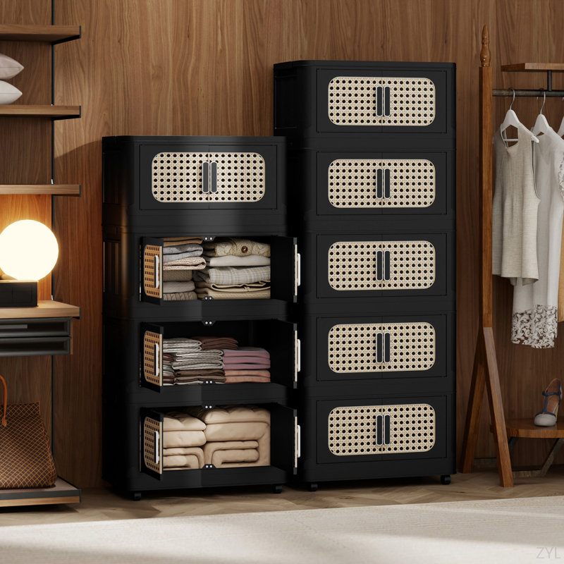 20" Side Wide Folding Storage Cabinet ,5 Tiers,Collapsible Storage Bins With Magnetic Door, Plastic Storage Cabinet With Wheels