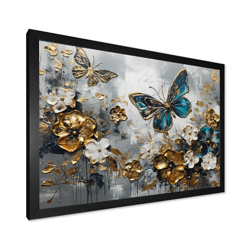 Ryllan, ailes de papillon bleu doré et fleurs V - impressions florales encadrées, Cadre noir, H 12 po x l 20 po x P 1 po