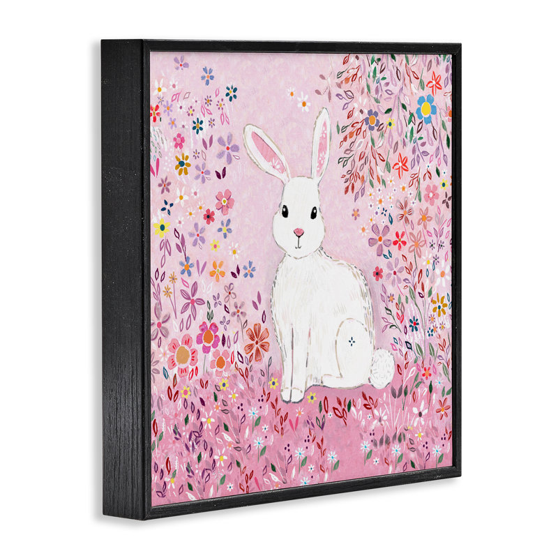 «Playful Flopsy Floral Rabbit», estampe numérique, conception de Clare Tupper, H 24 po x l 24 po, Giclée encadrée noir minuit