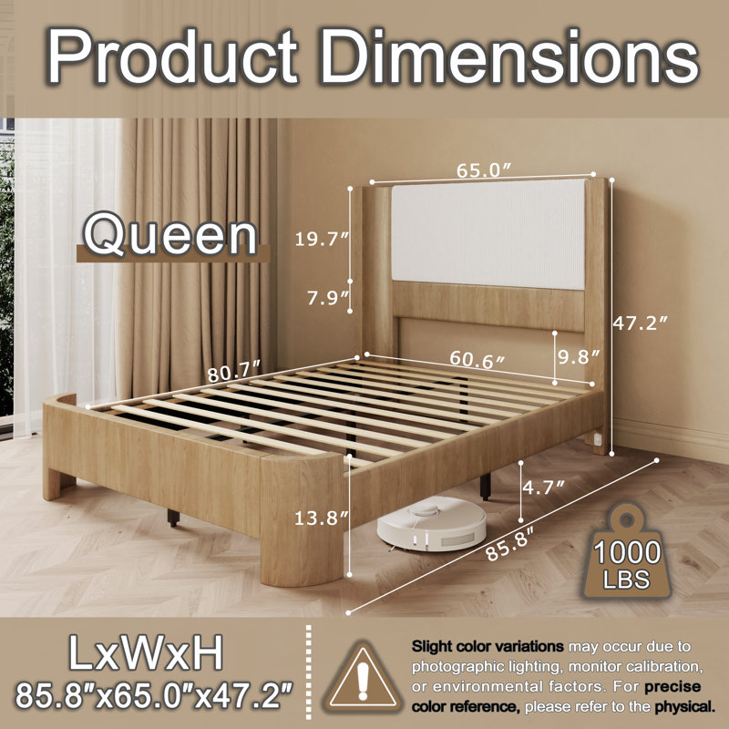 Structure de grand lit avec lumières à DEL intelligentes, lit plateforme tapissier avec tête de lit à oreilles capitonnée, aucun sommier requis, assemblage facile, similicuir, chêne naturel