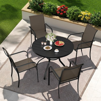 Ensemble repas pour 4 personnes avec table de salle à manger carrée en métal et accoudoirs empilables en textilène (noir)