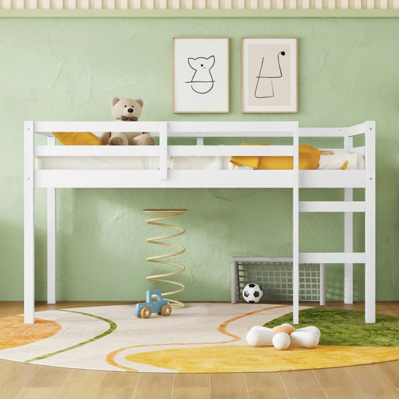 Lit mezzanine simple en bois d'hévéa avec échelle, plateforme de lattes renforcées, Blanc