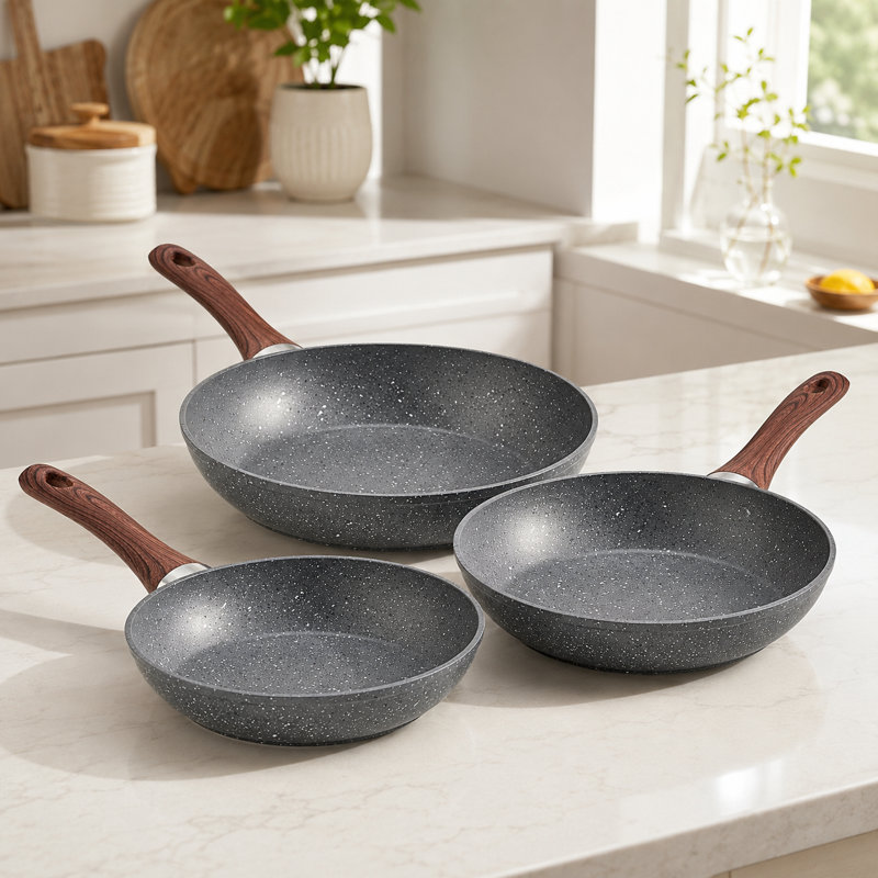 Ensemble de 3 poêles à frire antiadhésives en aluminium, pré-assaisonnées, légères et à chauffage rapide, gris