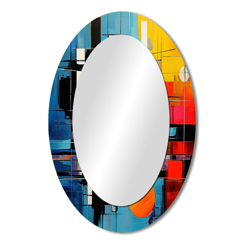 Réflexion abstraite bleue et orange Mid Century II - miroir ovale abstrait sur métal, 36 po x 24 po