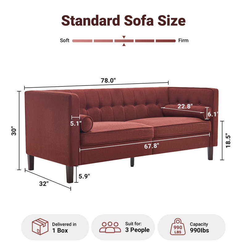  78'' W Mid Century Tufted Square Arm Sofa, Burgundy Chenille