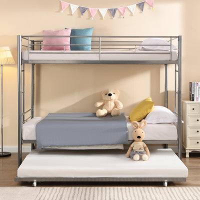 Silver Metal Bunk Bed With Trundle - , Stable, Noise- Modern Construction