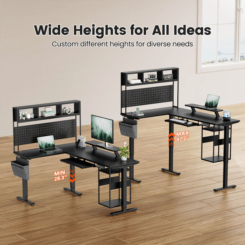Adjustable Height L-shaped Standing Desk With Led Lights & Power Outlet, With Storage, Black