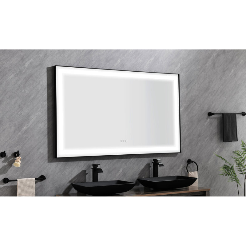 Miroir de salle de bain à DEL 96 po x 36 po - cadre noir, à intensité variable avec 3 lumières de couleur pour montage mural (horizontal ou vertical avec brouillard de meuble-lavabo, cadre, horizontal / vertical