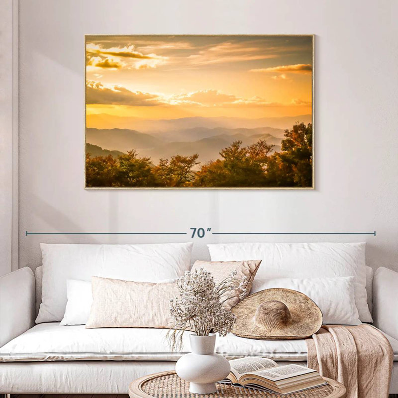 Blue Ridge au lever du soleil, Cadre flottant en bois naturel, 46 po x 31 po