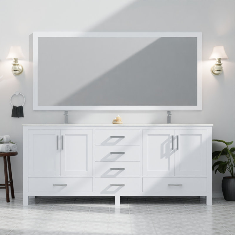 Meuble-lavabo double blanc 80 po X P 22 po D, dessus en marbre de Carrare et ensemble de robinet, Blanc