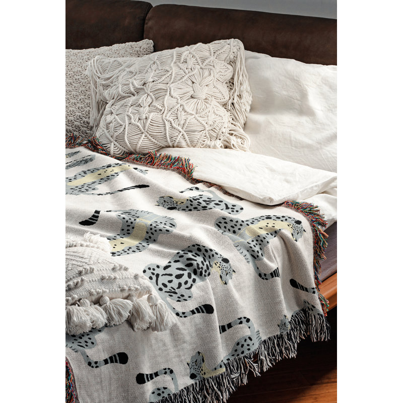 Jeté en mélange de coton Ren Leopard, Gris / Blanc cassé, L 60 po x l 50 po