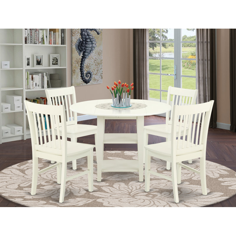 5 Piece Dining Room Table Set Includes a Round Dining Table with Dropleaf & Shelves and 4 Wood Seat Chairs, Linen White