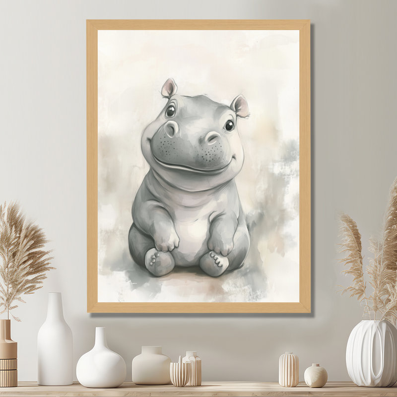 Petit Hippopotame à la Lumière Douce II - Tableau encadré d'un bébé animal gris, H 32 po x l 24 po, Natural Picture Framed