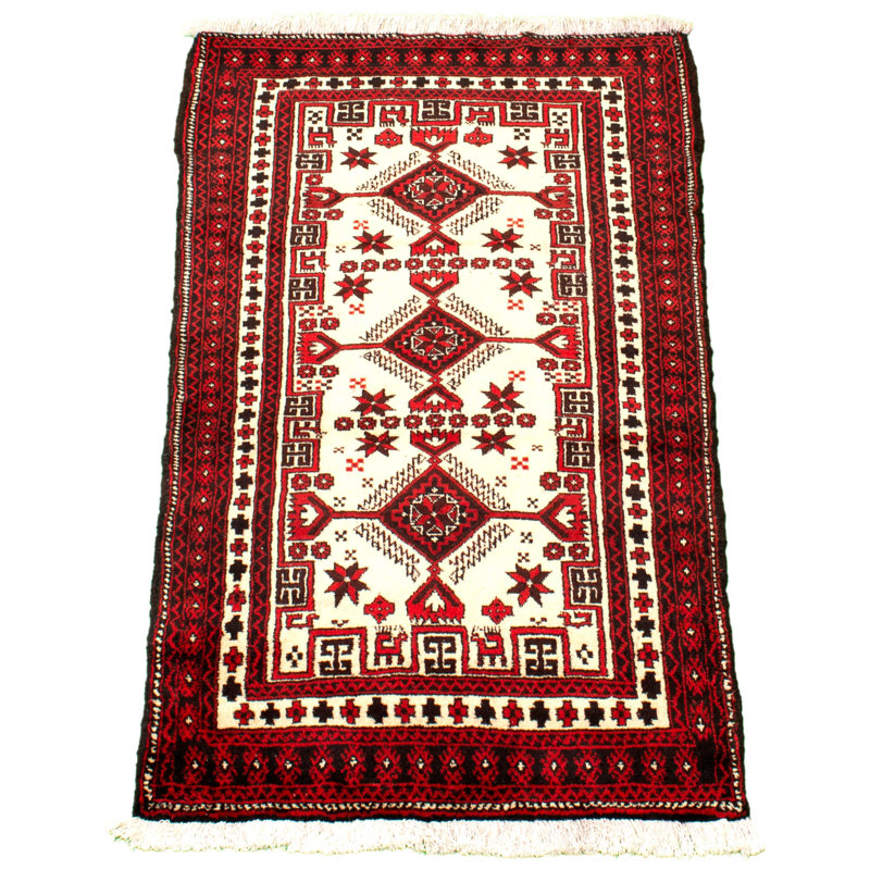 Tapis décoratif en laine noué à la main de conception unique noué à la main des années 1990 en laine rouge/crème de 3 pi x 5 pi 6 po