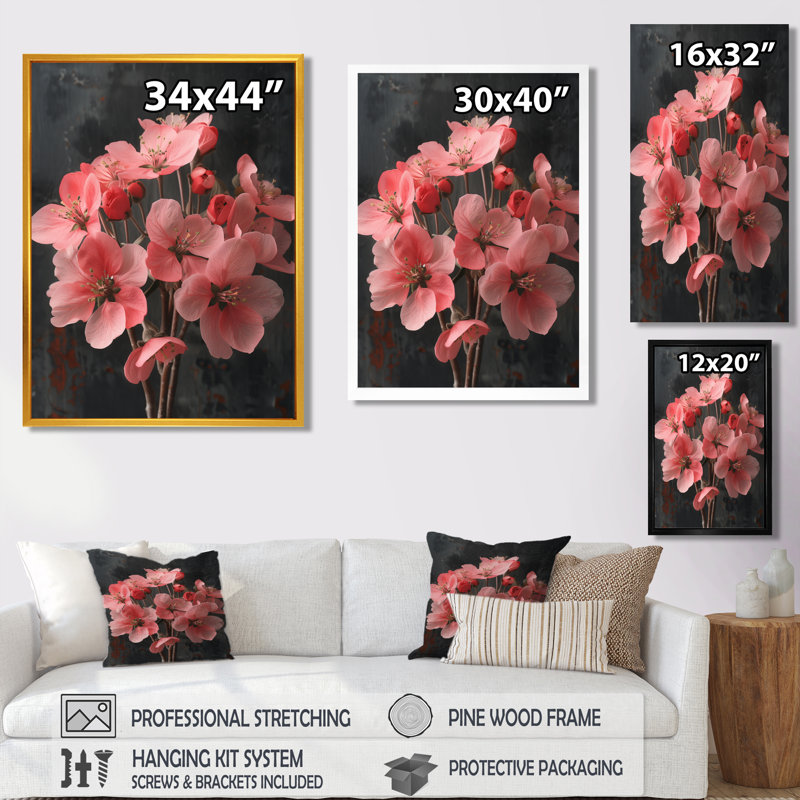 Rose et rose vibrant Bouquet de fleurs de pommier II, Cadre flottant brun, H 24 po x l 32 po