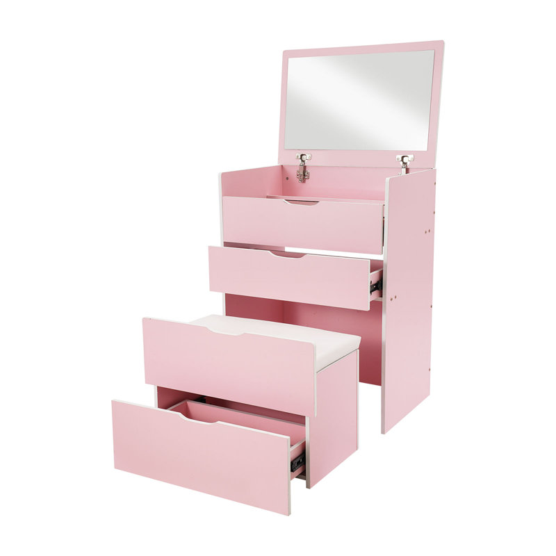 Petit meuble-lavabo avec miroir et 3 tiroirs, Rose
