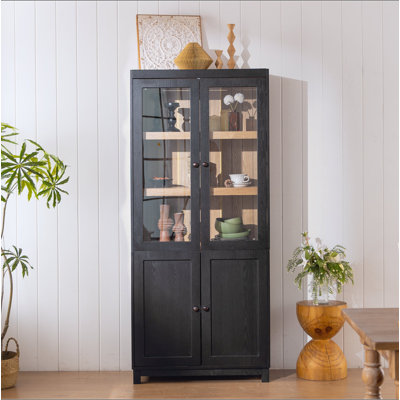 Bibliothèque avec rangement en bois de frêne de 74,5 po de hauteur, garde-manger avec portes en verre et tablettes réglables, bibliothèque de style Mid-Century moderne pour les couloirs, le salon, la cuisine et le bureau