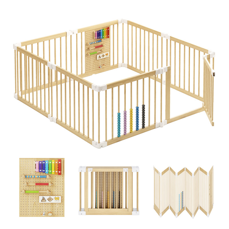 8-panel Solid Pine Wood Baby Playpen - Foldable Safety Gate For Toddlers, Portable Play Yard & Nursery Room Divider, Natural Finish