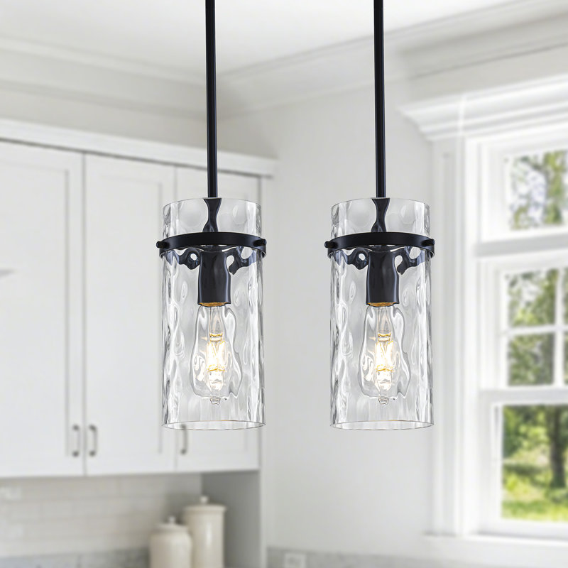 Cylon 1 - Light 4.72'' Hammered Glass Cylinder Mini Pendant For Kitchen Island (2 Pack), Matte Black