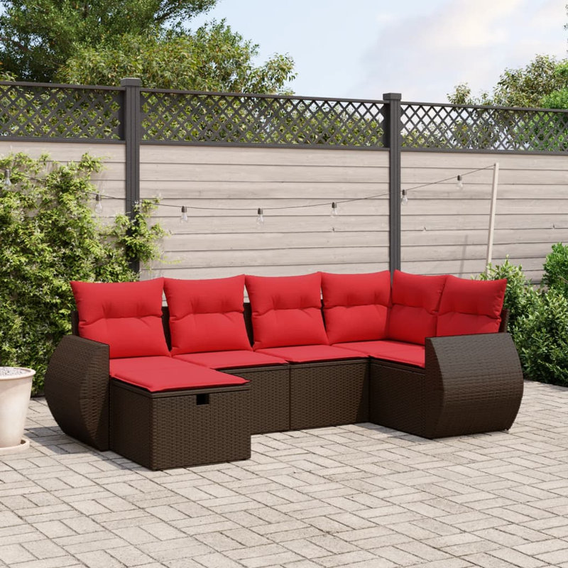 Ebern Designs 6 Piece Patio Sofa Set With Cushions Black Poly Rattan, Brown, Red