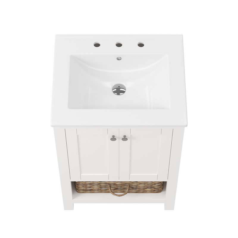 24" White Freestanding Bathroom Vanity with Ceramic Top and Woven Basket