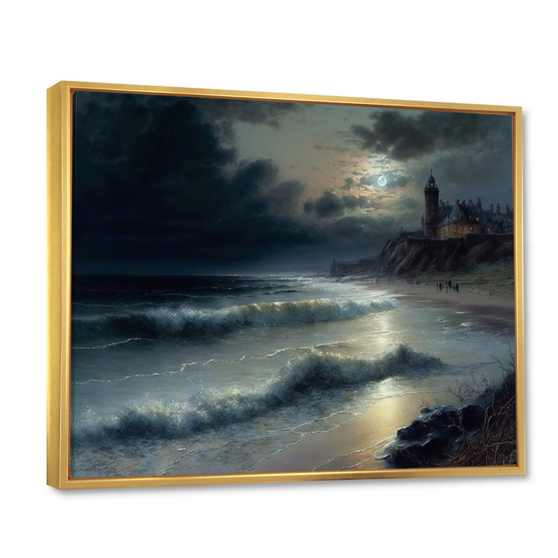 «Lighttower In Stormy Full Moon Beach Night On», reproduction sur toile, 34" H x 44" W, Cadre flottant doré