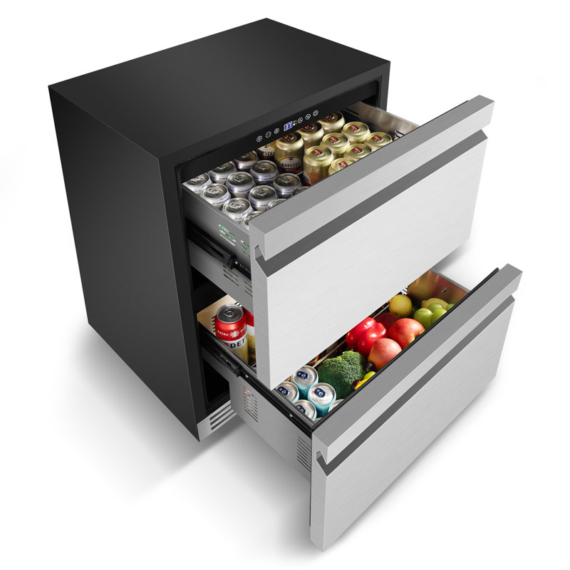 24-Inch Drawer Beverage Refrigerator, 240-Can Capacity, Stainless Steel Built-In or Freestanding Beer Cooler, Hidden Door Handle, 2 Grid Organizers, Swivel Casters