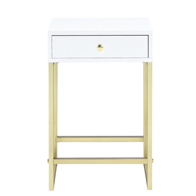 1 table d'appoint en blanc et laiton, de style rectangulaire pour la terrasse, tiroir coulissant en métal, commodité en laiton lisse avec 1 tiroir, plusieurs espaces, mécanisme facile d'accès