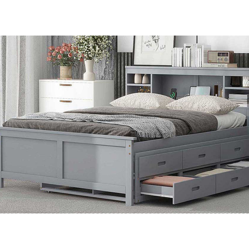 Lit plateforme avec tête de lit avec rangement, USB, lit gigogne et 3 tiroirs, Gris, Lit double