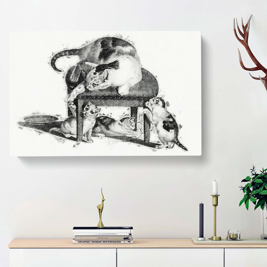 Cat with Kittens by Gottfried Mind - Wrapped Canvas Drawing - Wrapped Canvas