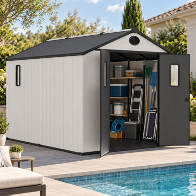 8 Ft. W x 10 Ft. D Outdoor Resin Storage Shed with Floor, Reinforced Steel Frame, Weather-Resistant Plastic Shed with Double Doors and Window