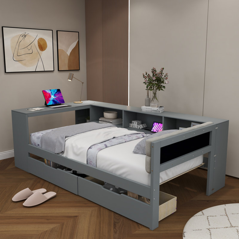 Lit plateforme simple en bois avec tablettes de rangement, ports USB et bureau, gris, Lit simple