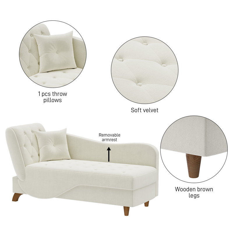 Beige Velvet Upholstered Chaise Lounge with Wooden Legs