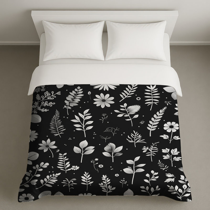 Housse de couette moderne à motif floral noir, Lit simple