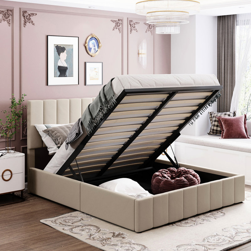 Grand lit rembourré avec housse beige et plateforme de rangement hydraulique pour dessous, Beige, Grand lit