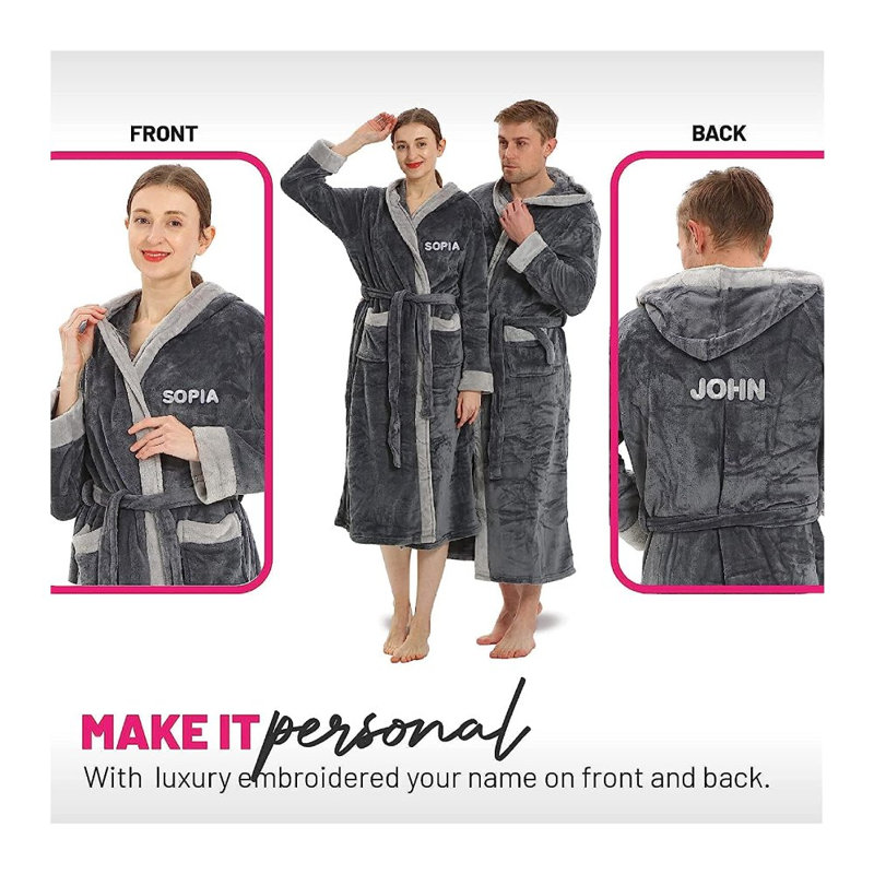 Peignoir en molleton mi-mollet avec poches et capuche, Gris foncé, Oui