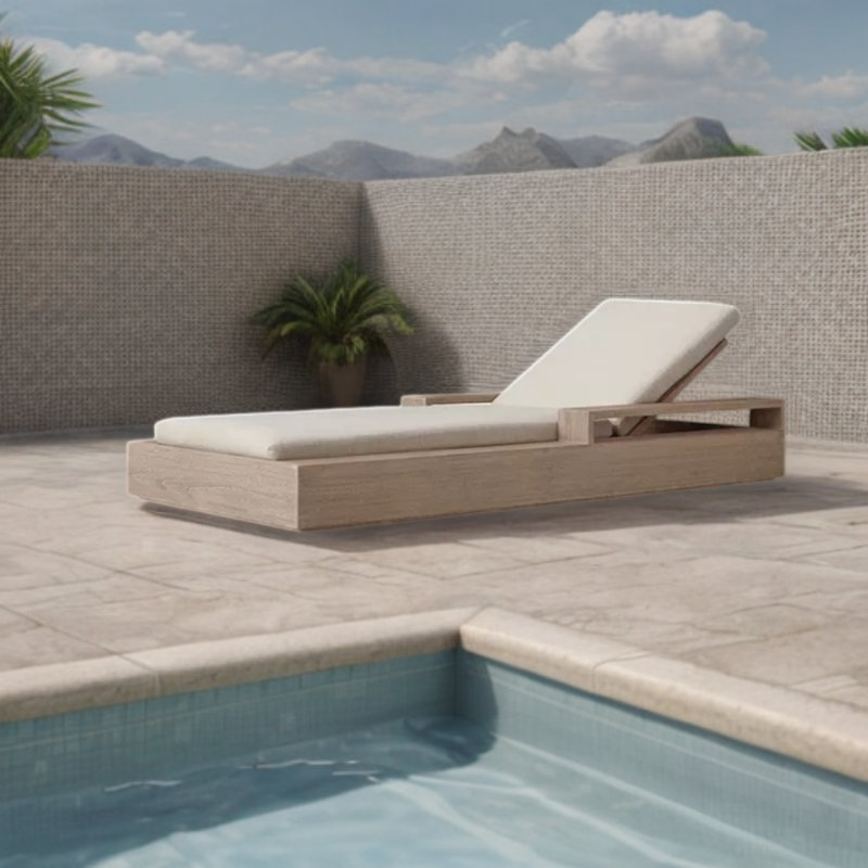 Outdoor Recliner Wood Frame Adjustable Back Outdoor Teak Wood Chaise Lounge , Cushion Included