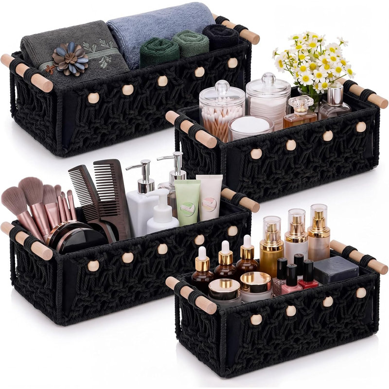 4 paniers de rangement en macramé noir avec poignée en bois 4 pièces