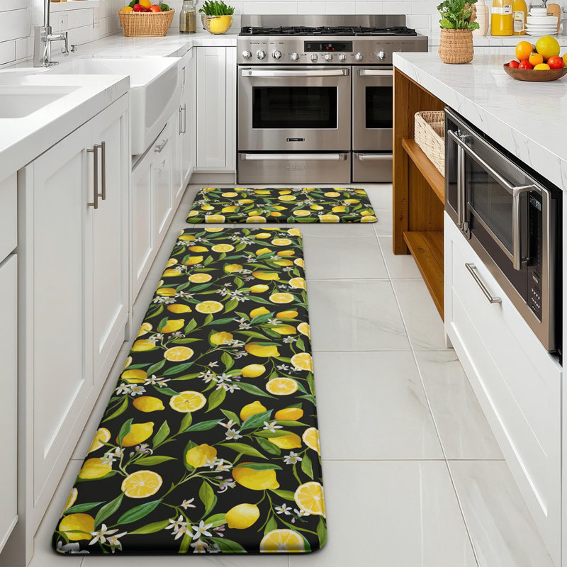 Lot de 2 tapis de cuisine au citron - Tapis antifatigue pour plancher de cuisine - Tapis antidérapants et moelleux - Décor au citron (44 x 74 cm + 44 x 119 cm - 1 cm) Noir