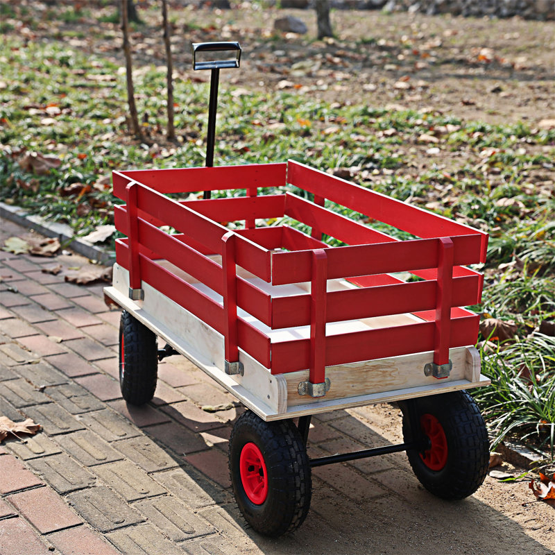 Outdoor Wooden Wagon Cart With Folding Handle, Red/Black