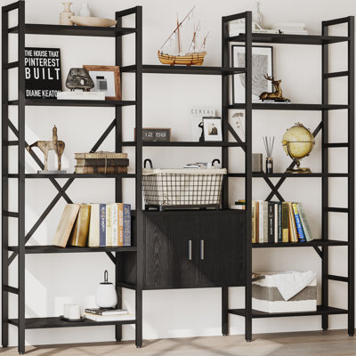 Bibliothèque industrielle 70 po, grande bibliothèque triple à 5 niveaux avec armoire de rangement, présentoir à 14 tablettes, étagère à meubles en métal pour le salon, la chambre à coucher et le bureau à domicile