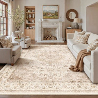 Stella Oriental Beige Area Rug with Non-Slip Backing & Roll-Pack Design