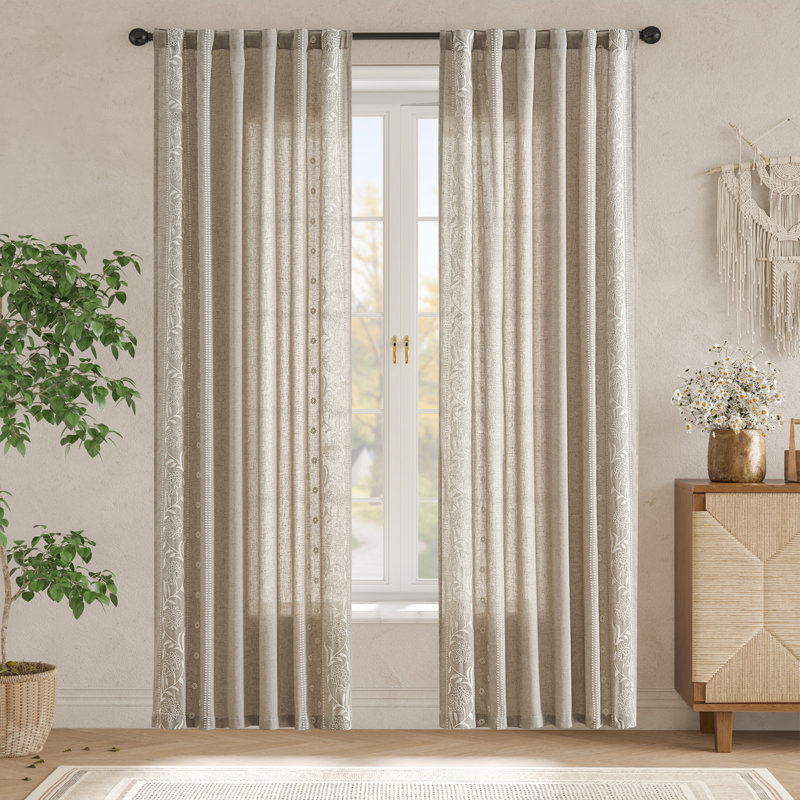 Rideaux en lin semi-transparents brodés à motif floral, Bleu, L 50 po x L 63 po