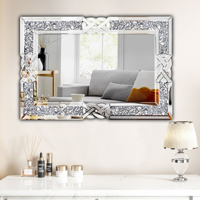 Crushed Diamond Wall Mirrors, 27.7x39.5 Inch Rectangle Living Room Mirrors for Wall Decor, Modern Glam Bathroom Dining Room Entryway Mirror Silver