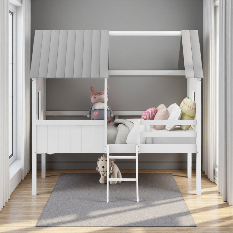 Twin Size Low Loft Wood House Bed With Two Side Windows, White/Gray
