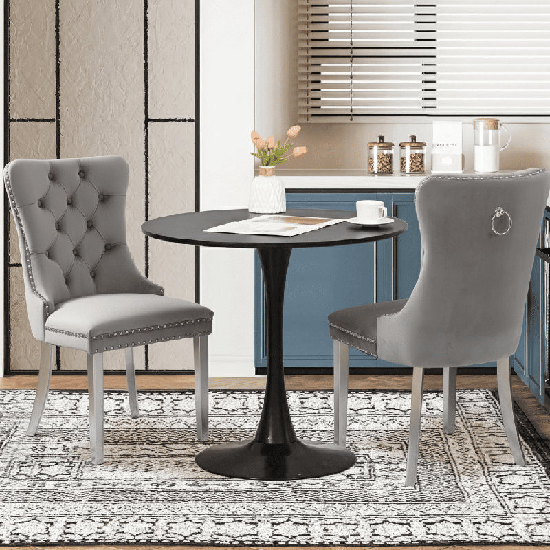 Ensemble de table de salle à manger rond avec 2 chaises, Noir, noir, noir, noir, Gris léger / argent