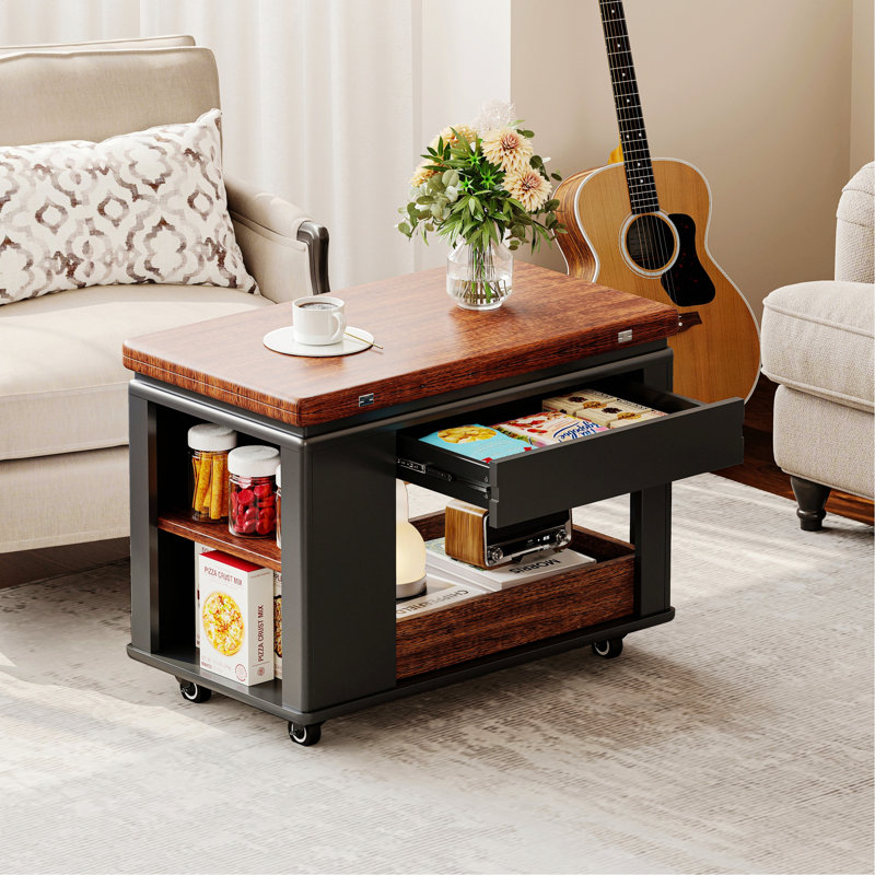 Coffee Table with Foldable Top, Casters, Walnut / Black,Walnut