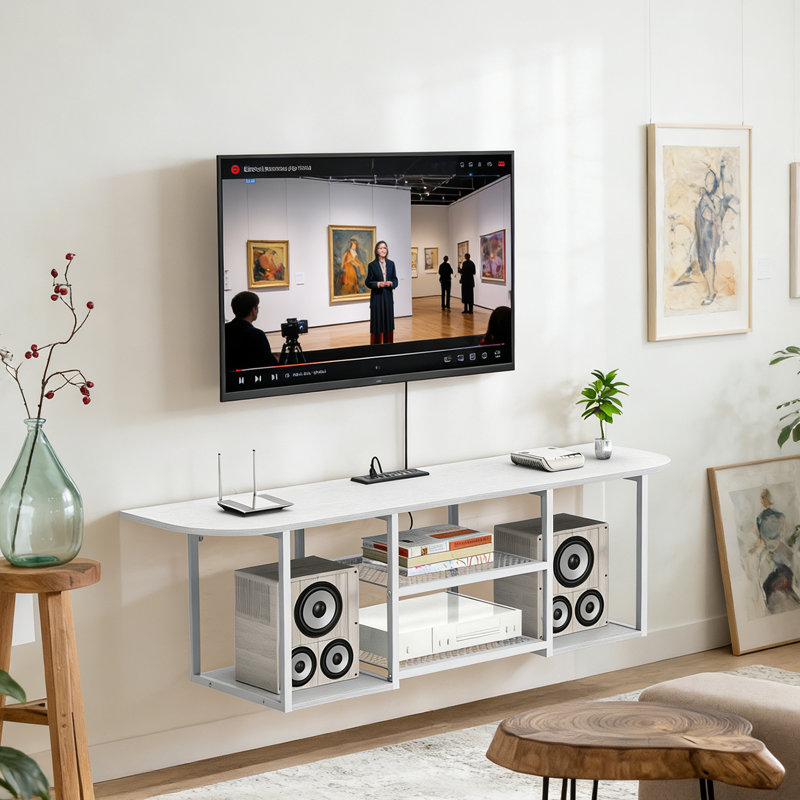 Meuble télé flottant avec prise de courant, tablette multimédia blanche pour rangement sous la télé